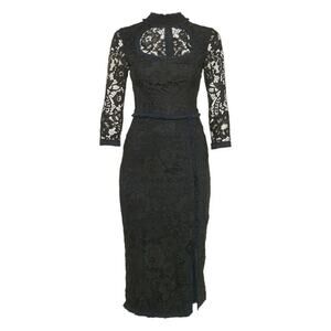 Alexis Fiorenza Midi Lace Dress 3/4 Sleeve Black Ruffled Sheath Cut Out XS